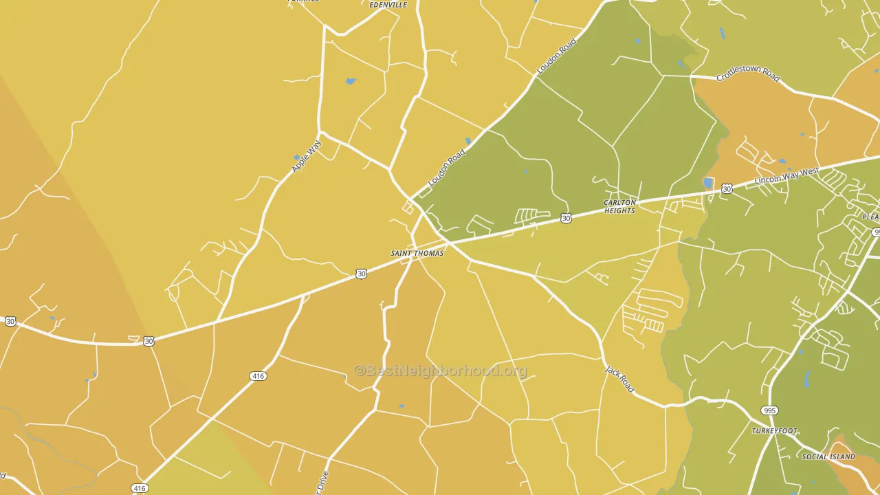 Map of the best neighborhoods in the St. Thomas area, with better matches in green and worse matches in red
