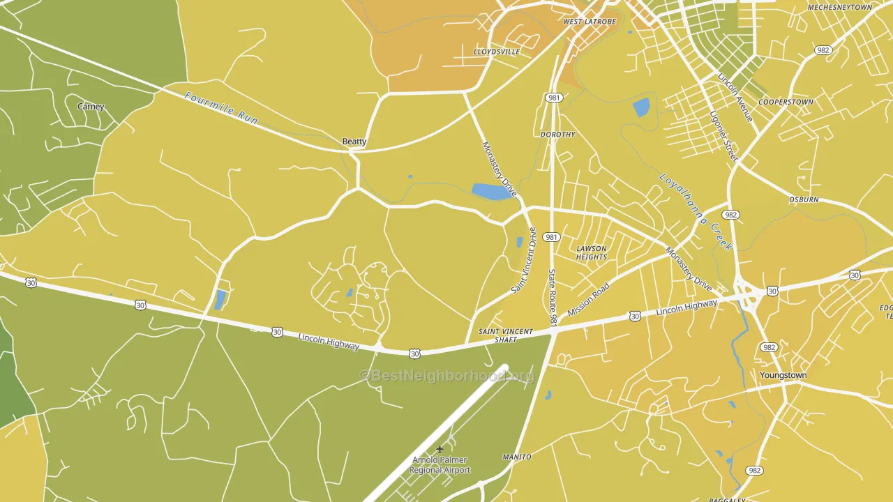 Map of the best neighborhoods in the St. Vincent College area, with better matches in green and worse matches in red