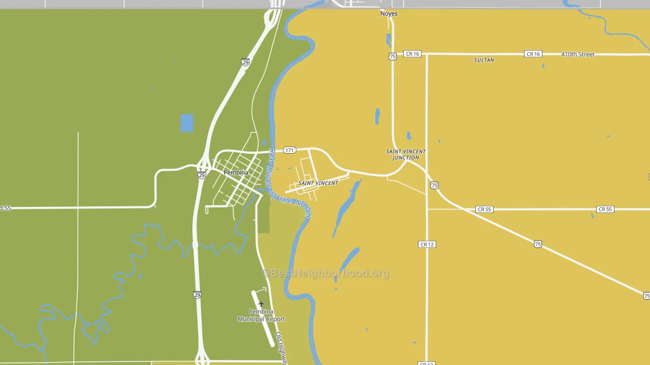 Map of the best neighborhoods in the St. Vincent area, with better matches in green and worse matches in red