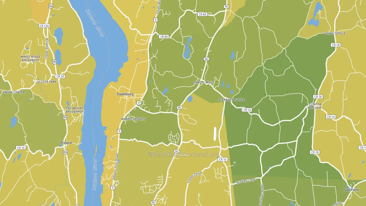 Map of the best neighborhoods in the Staatsburg area, with better matches in green and worse matches in red