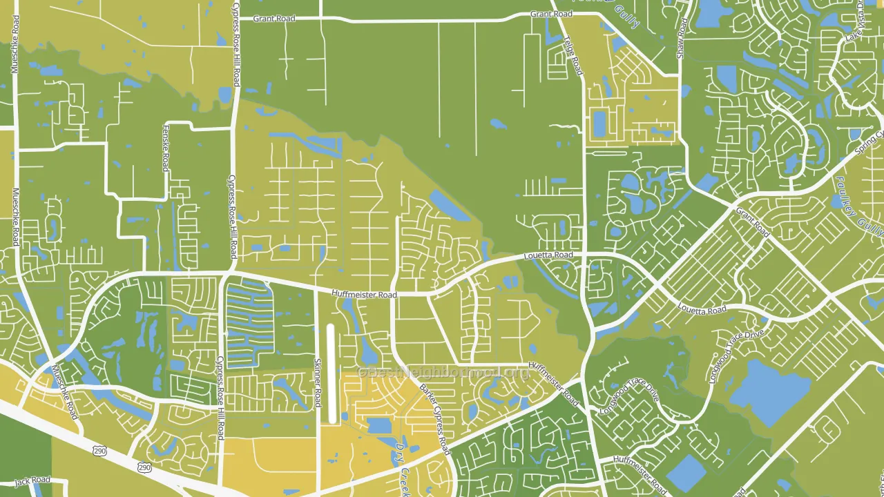 Map of the best neighborhoods in the Stablewood-Valley Hi North-Houston, Cypress area, with better matches in green and worse matches in red