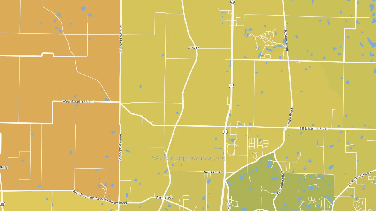 Map of the best neighborhoods in the Stacer area, with better matches in green and worse matches in red
