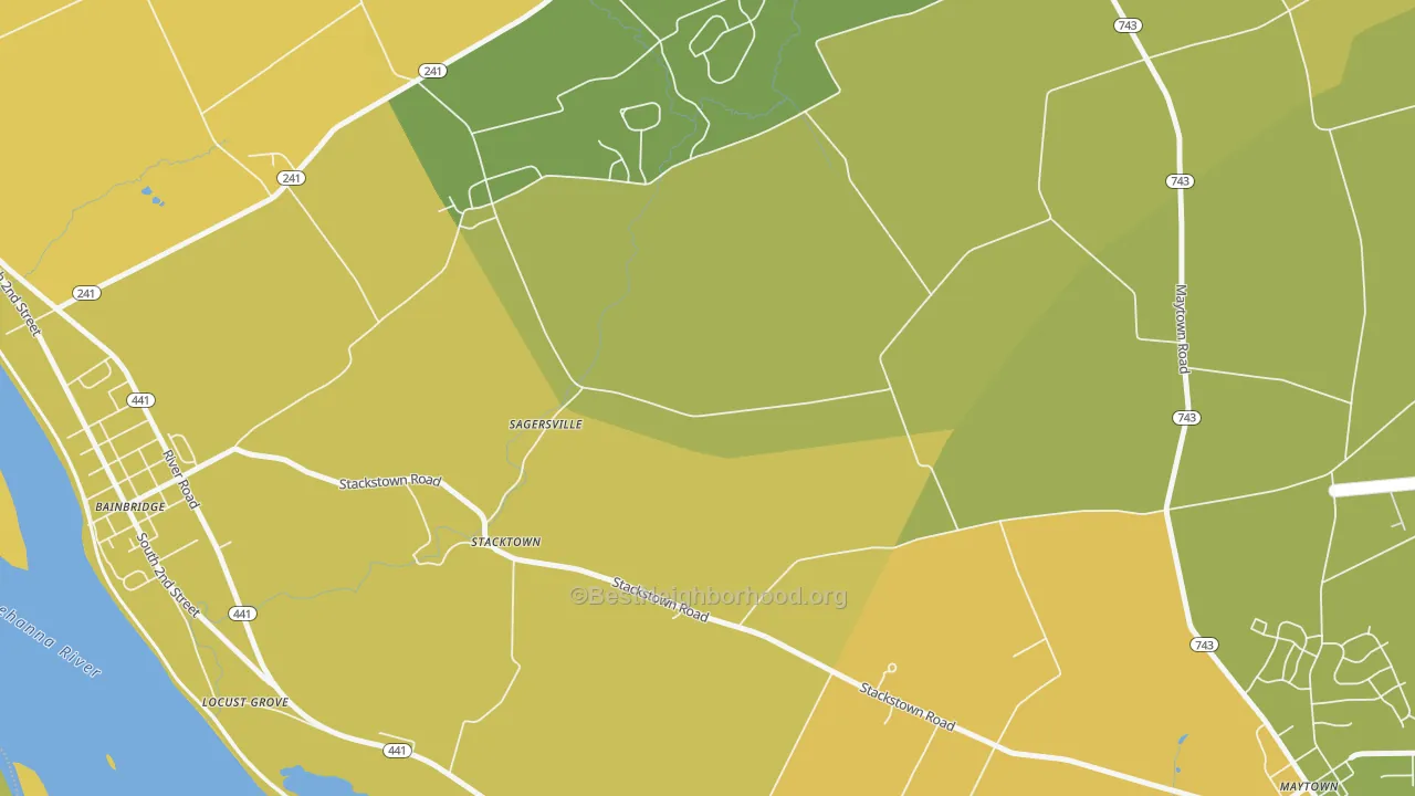 Map of the best neighborhoods in the Stacktown area, with better matches in green and worse matches in red