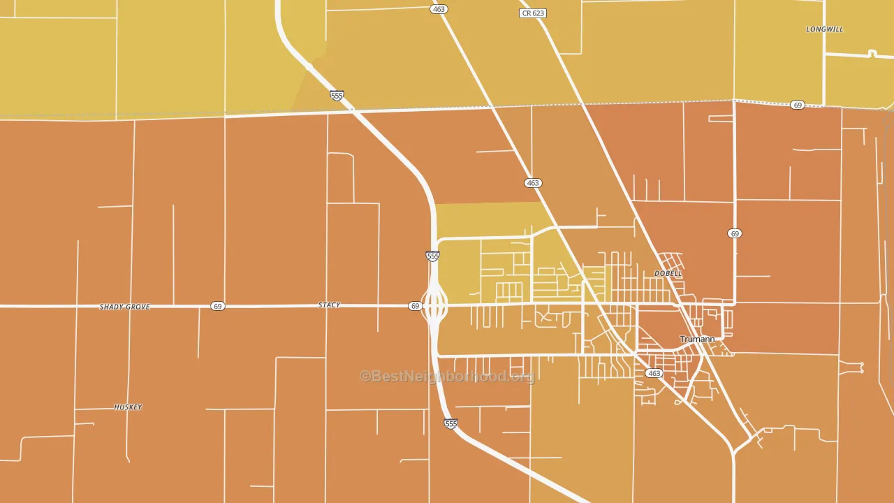 Map of the best neighborhoods in the Stacy area, with better matches in green and worse matches in red