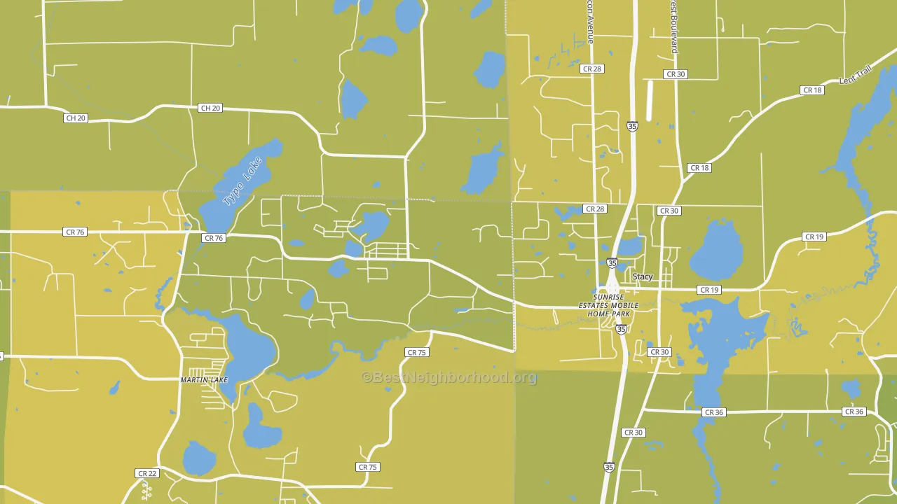 Map of the best neighborhoods in the Stacy area, with better matches in green and worse matches in red
