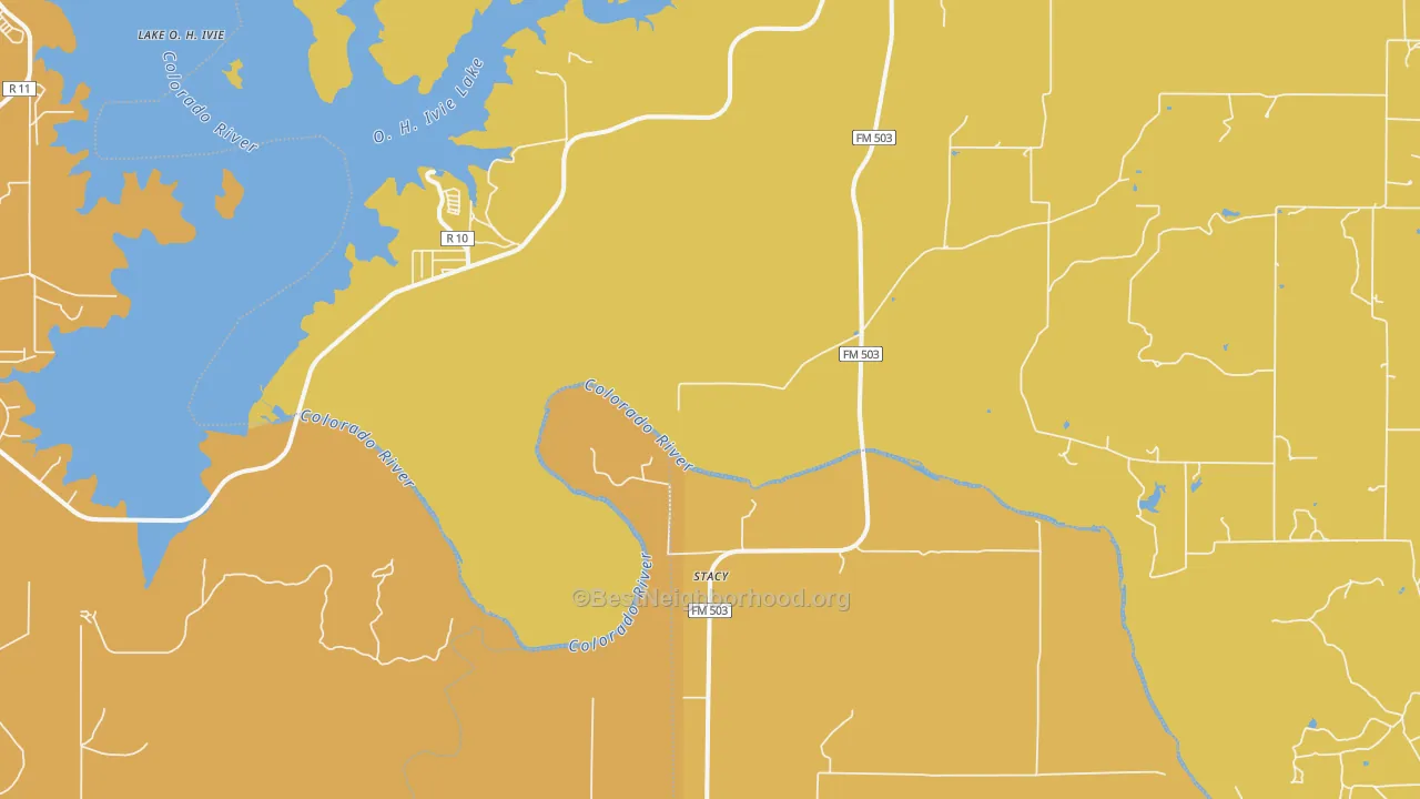 Map of the best neighborhoods in the Stacy area, with better matches in green and worse matches in red