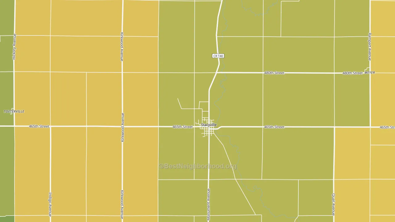 Map of the best neighborhoods in the Stacyville area, with better matches in green and worse matches in red