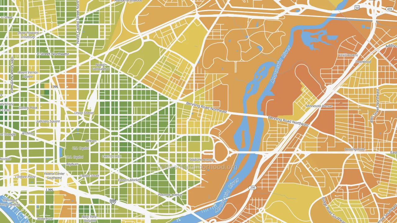 Map of the best neighborhoods in the Stadium-Armory, Washington area, with better matches in green and worse matches in red