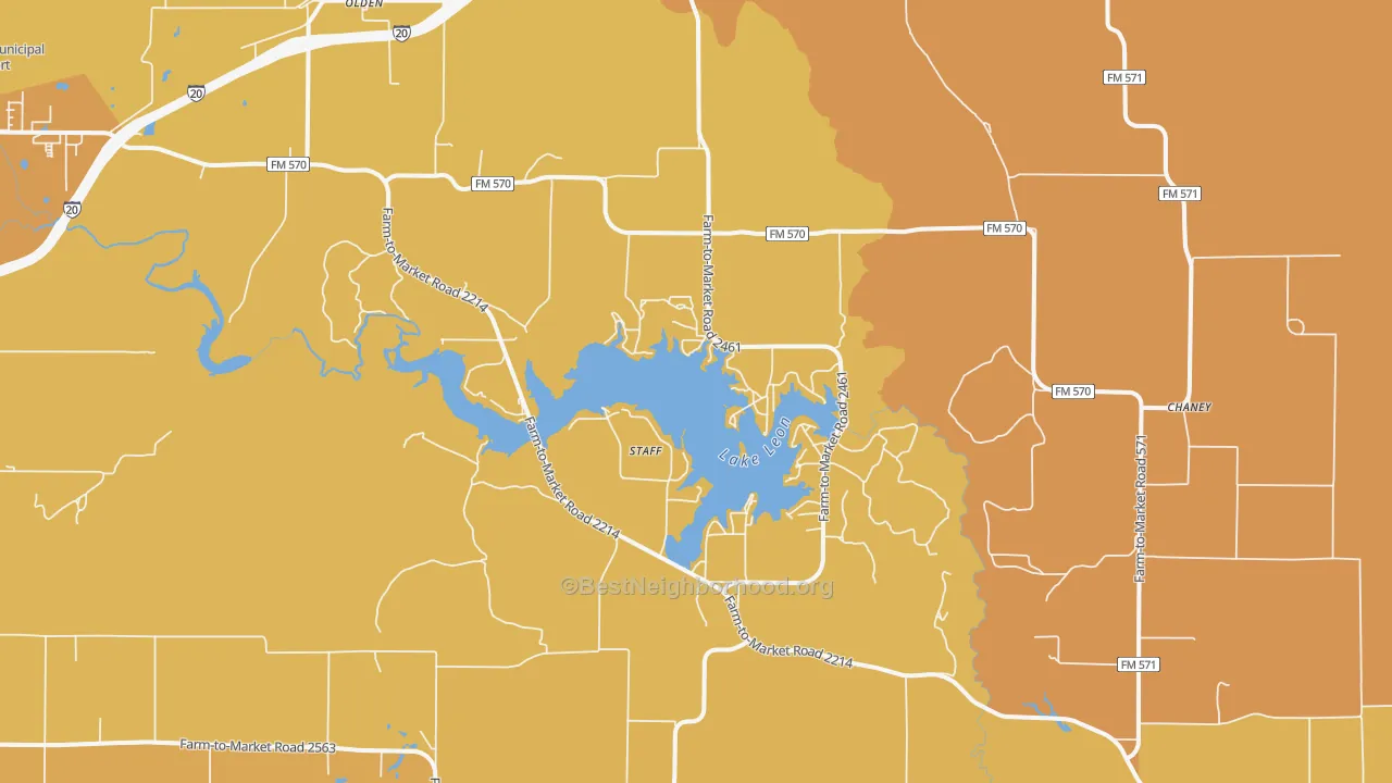 Map of the best neighborhoods in the Staff area, with better matches in green and worse matches in red