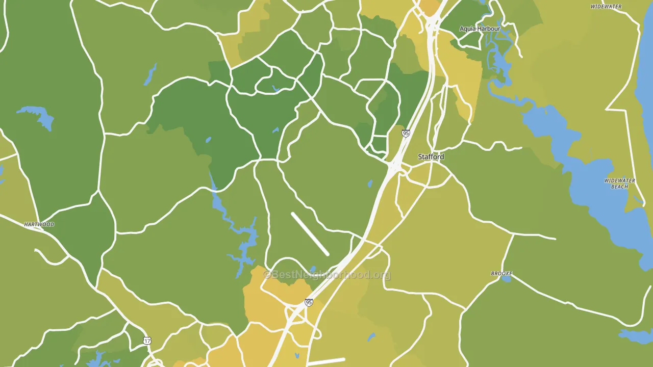 Map of the best neighborhoods in the Stafford County area, with better matches in green and worse matches in red