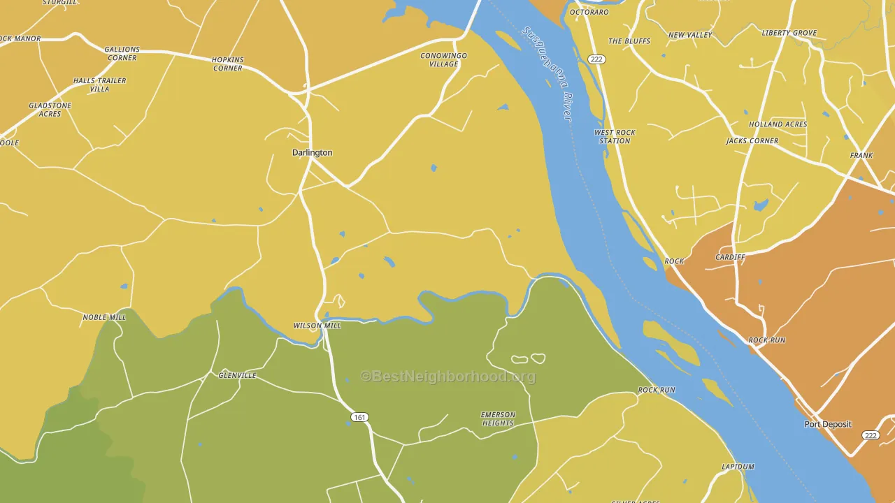 Map of the best neighborhoods in the Stafford area, with better matches in green and worse matches in red