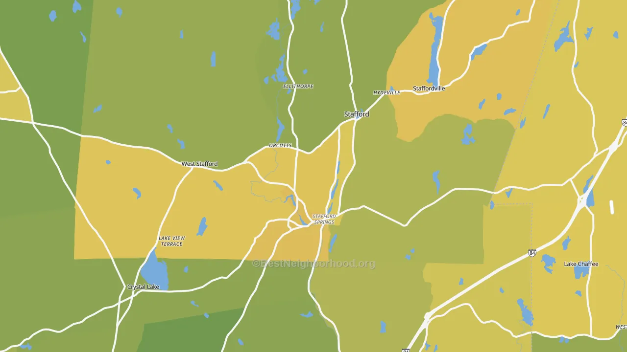 Map of the best neighborhoods in the Stafford Springs area, with better matches in green and worse matches in red