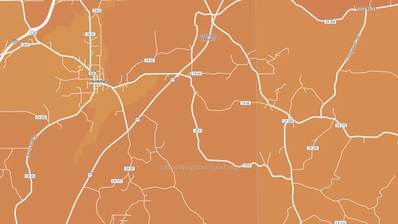 Map of the best neighborhoods in the Stafford Springs area, with better matches in green and worse matches in red