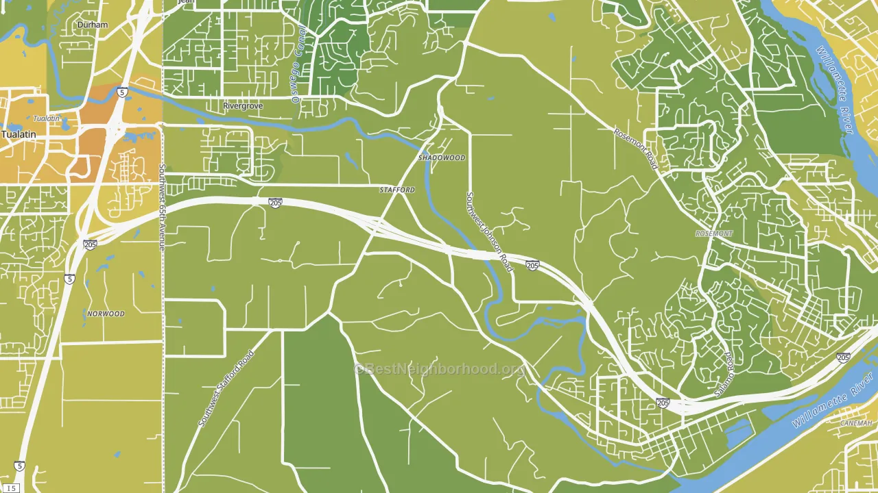 Map of the best neighborhoods in the Stafford-Tualatin Valley, West Linn area, with better matches in green and worse matches in red