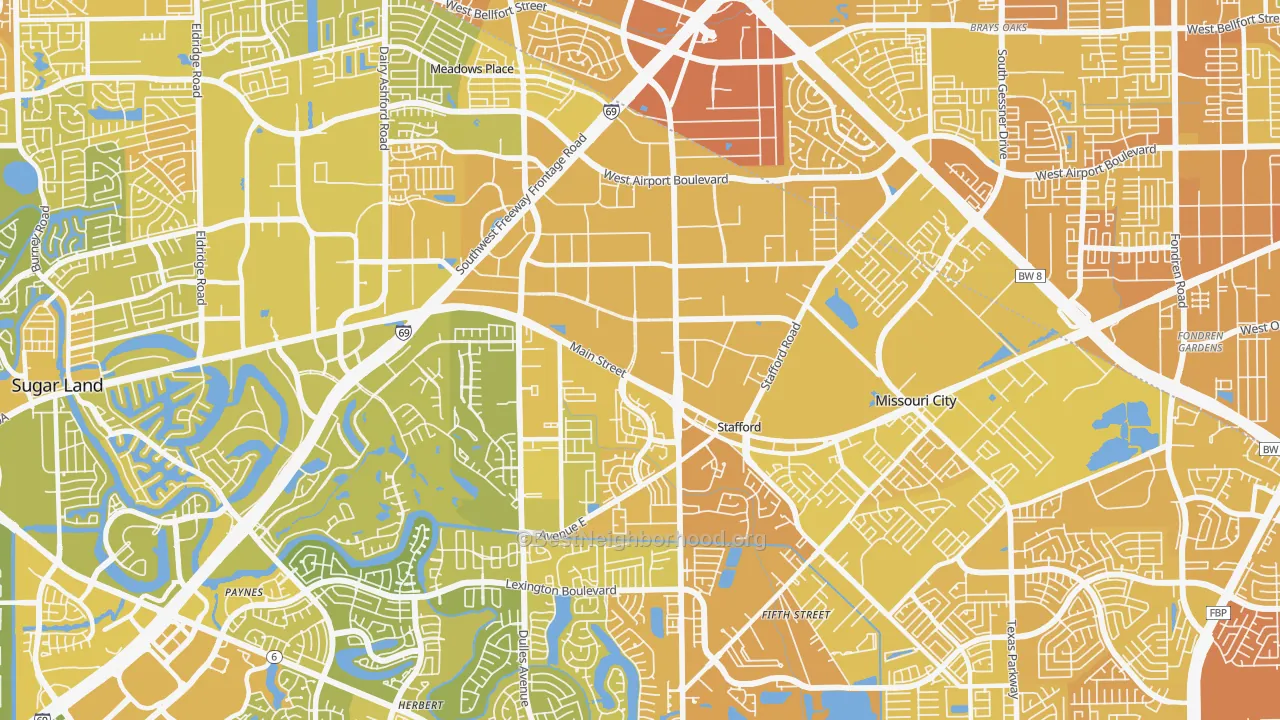 Map of the best neighborhoods in the Stafford area, with better matches in green and worse matches in red