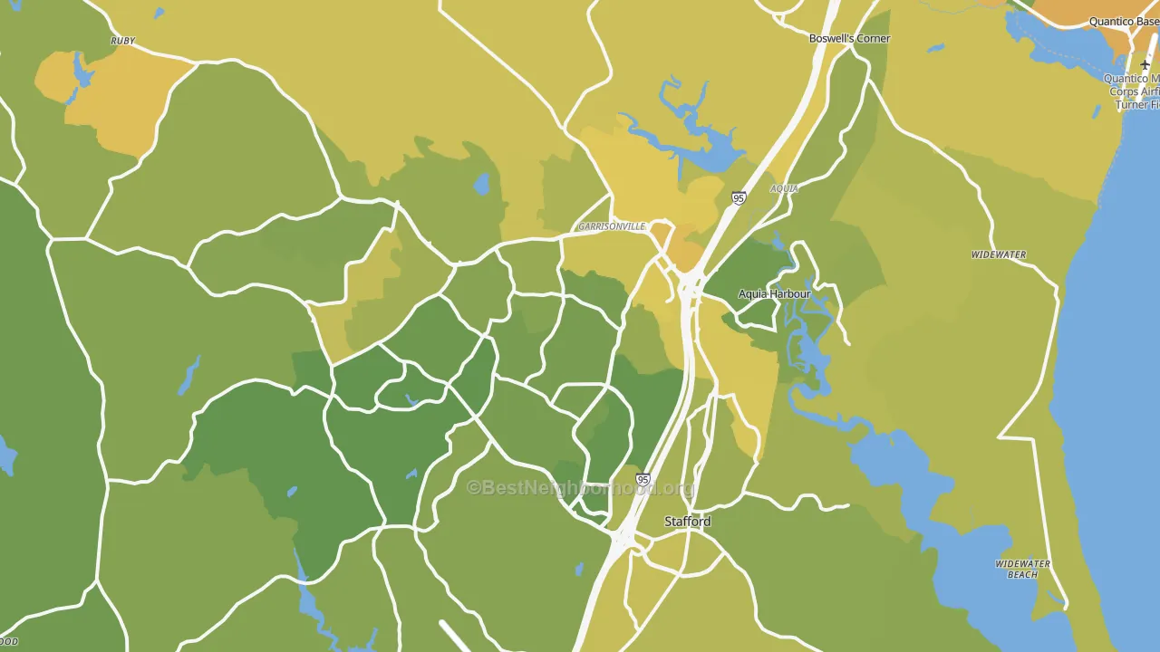 Map of the best neighborhoods in the Stafford area, with better matches in green and worse matches in red