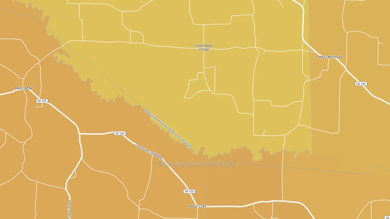 Map of the best neighborhoods in the Staffords Store area, with better matches in green and worse matches in red