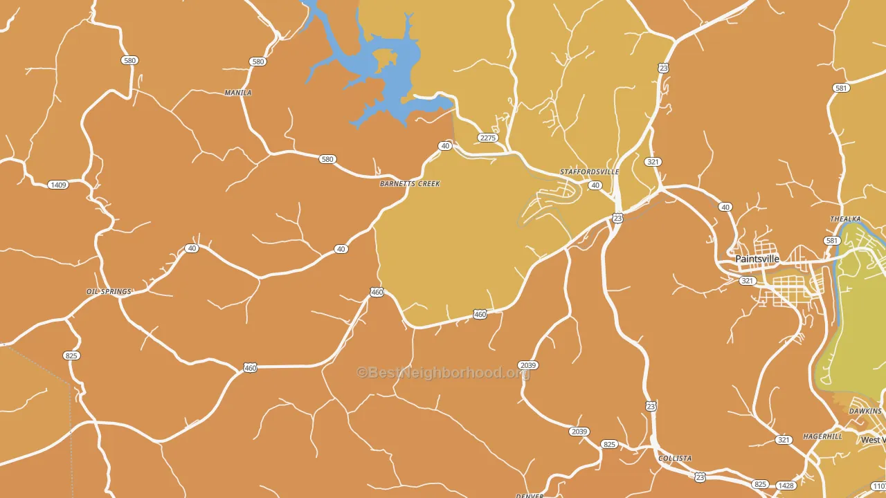 Map of the best neighborhoods in the Staffordsville area, with better matches in green and worse matches in red