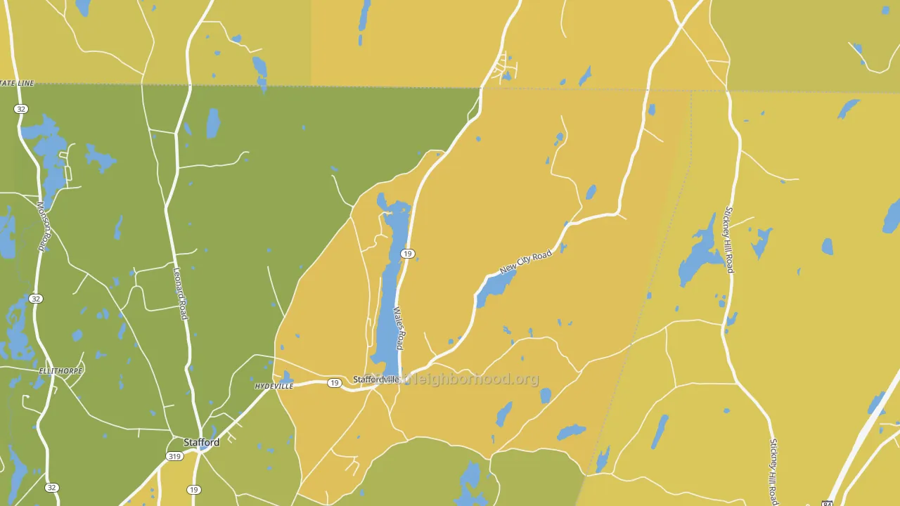 Map of the best neighborhoods in the Staffordville area, with better matches in green and worse matches in red