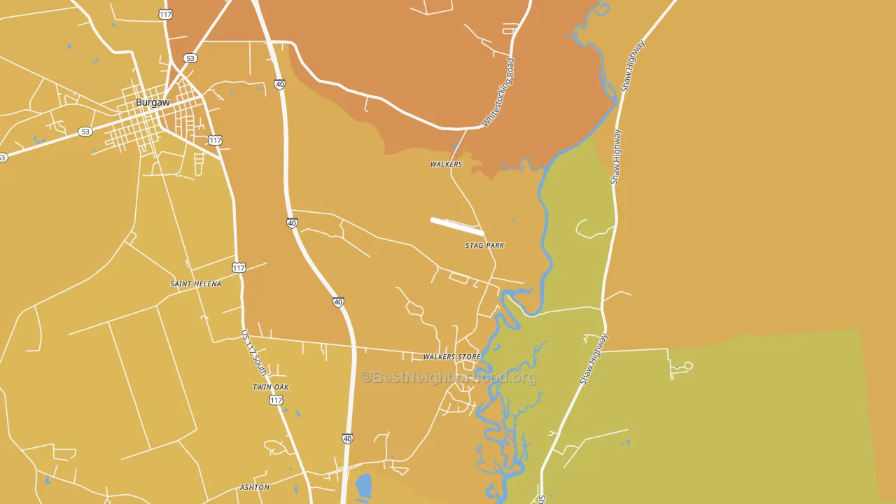Map of the best neighborhoods in the Stag Park area, with better matches in green and worse matches in red