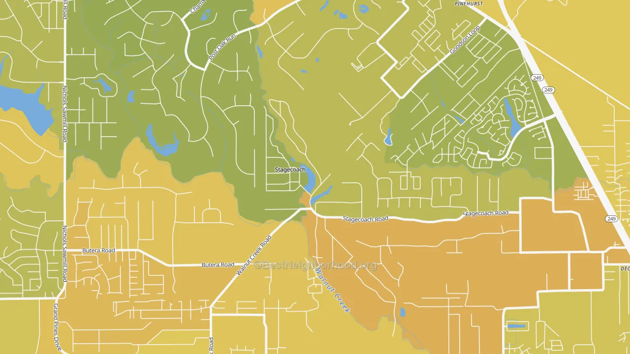 Map of the best neighborhoods in the Stagecoach area, with better matches in green and worse matches in red