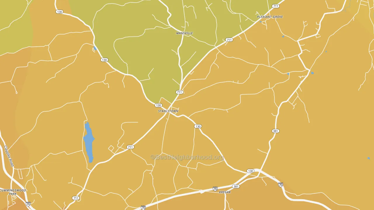 Map of the best neighborhoods in the Stahlstown area, with better matches in green and worse matches in red