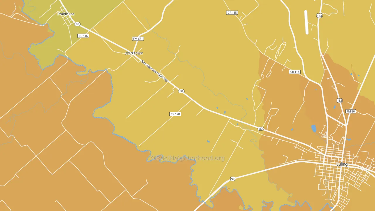 Map of the best neighborhoods in the Stairtown area, with better matches in green and worse matches in red