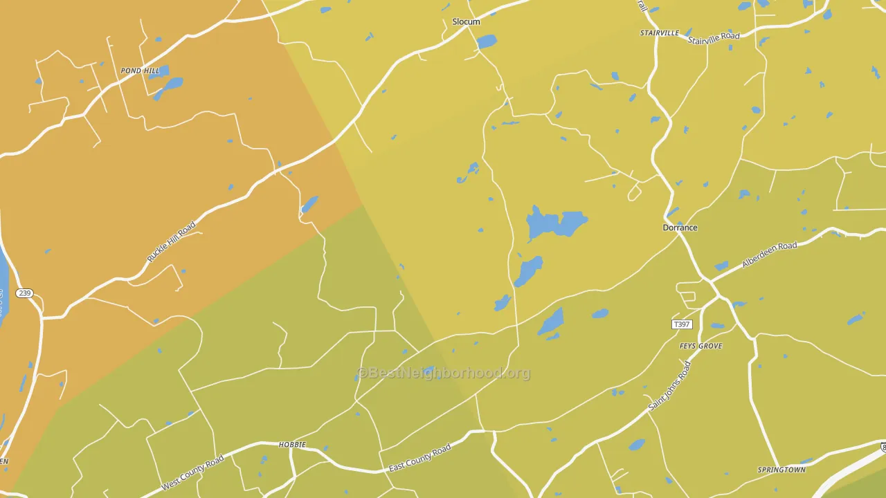 Map of the best neighborhoods in the Stairville area, with better matches in green and worse matches in red