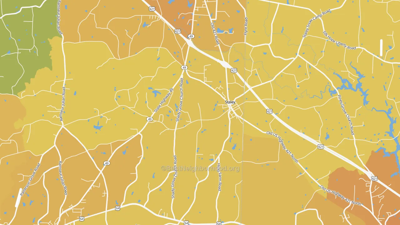 Map of the best neighborhoods in the Staley area, with better matches in green and worse matches in red