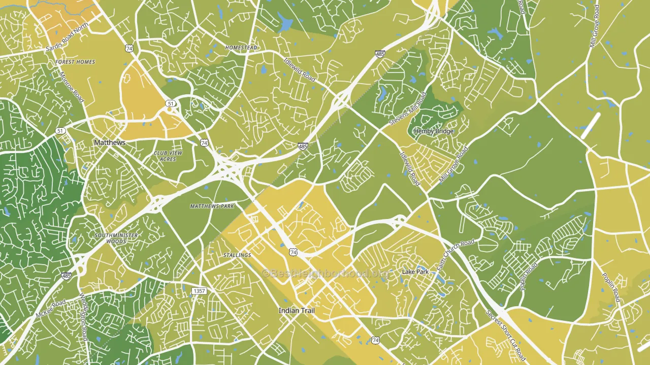 Map of the best neighborhoods in the Stallings area, with better matches in green and worse matches in red