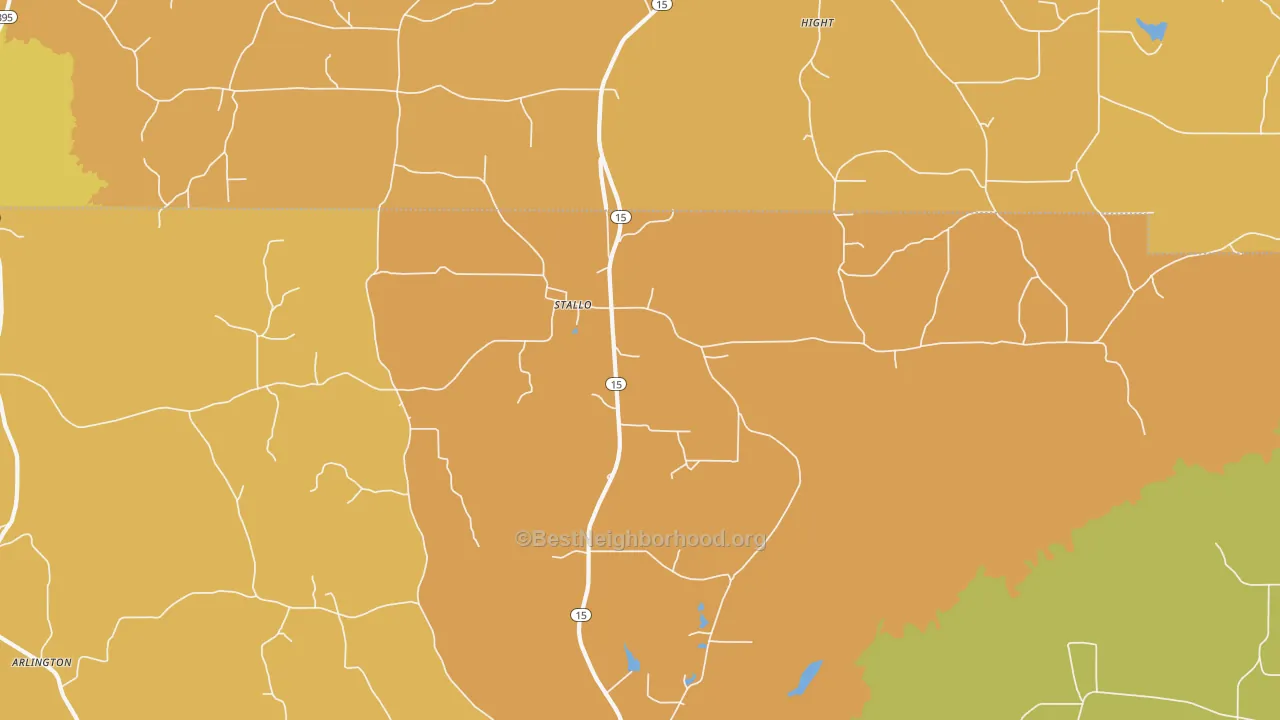 Map of the best neighborhoods in the Stallo area, with better matches in green and worse matches in red