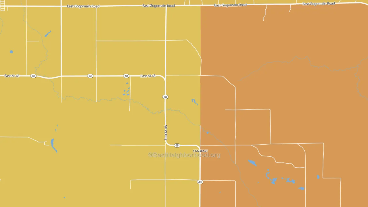 Map of the best neighborhoods in the Stalwart area, with better matches in green and worse matches in red