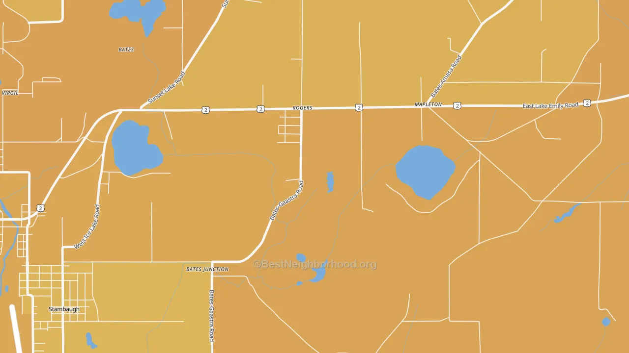 Map of the best neighborhoods in the Stambaugh area, with better matches in green and worse matches in red