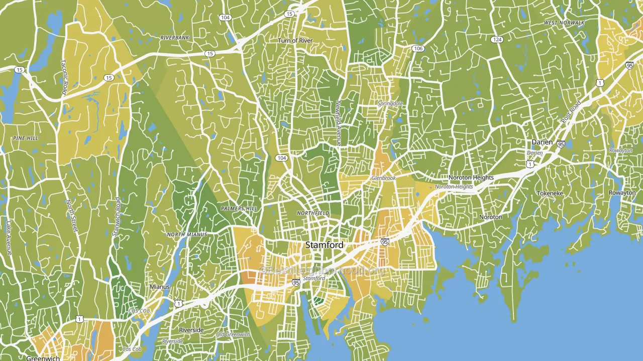 Map of the best neighborhoods in the Stamford area, with better matches in green and worse matches in red
