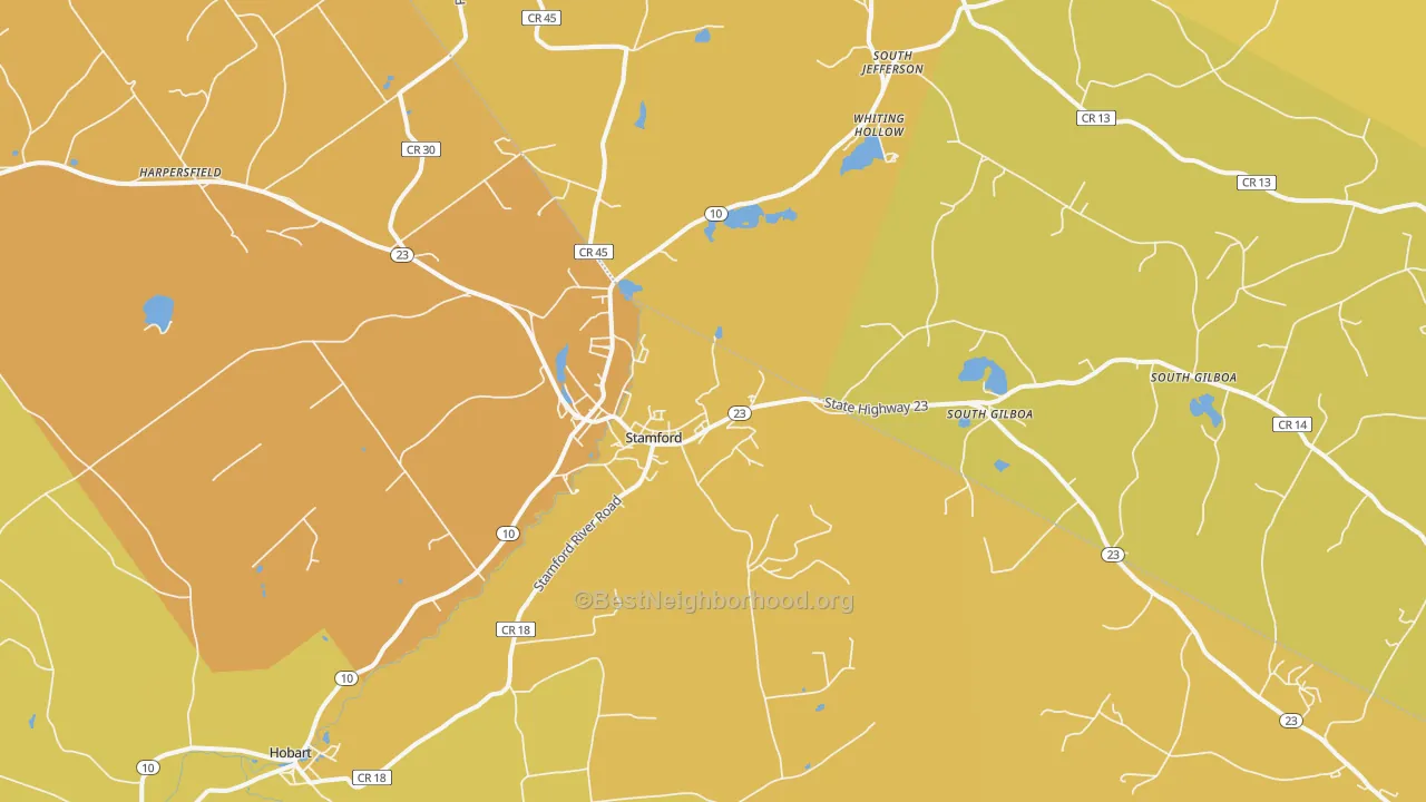 Map of the best neighborhoods in the Stamford area, with better matches in green and worse matches in red