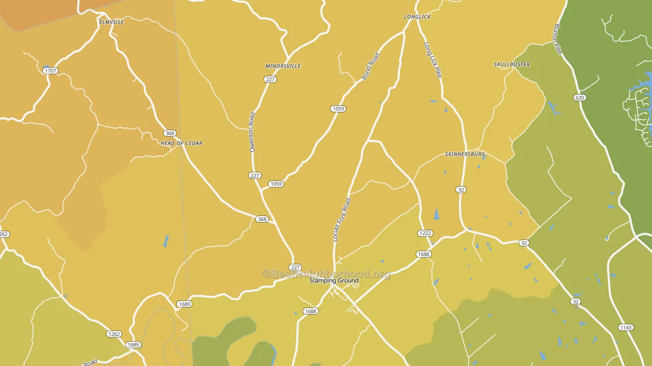 Map of the best neighborhoods in the Stamping Ground area, with better matches in green and worse matches in red