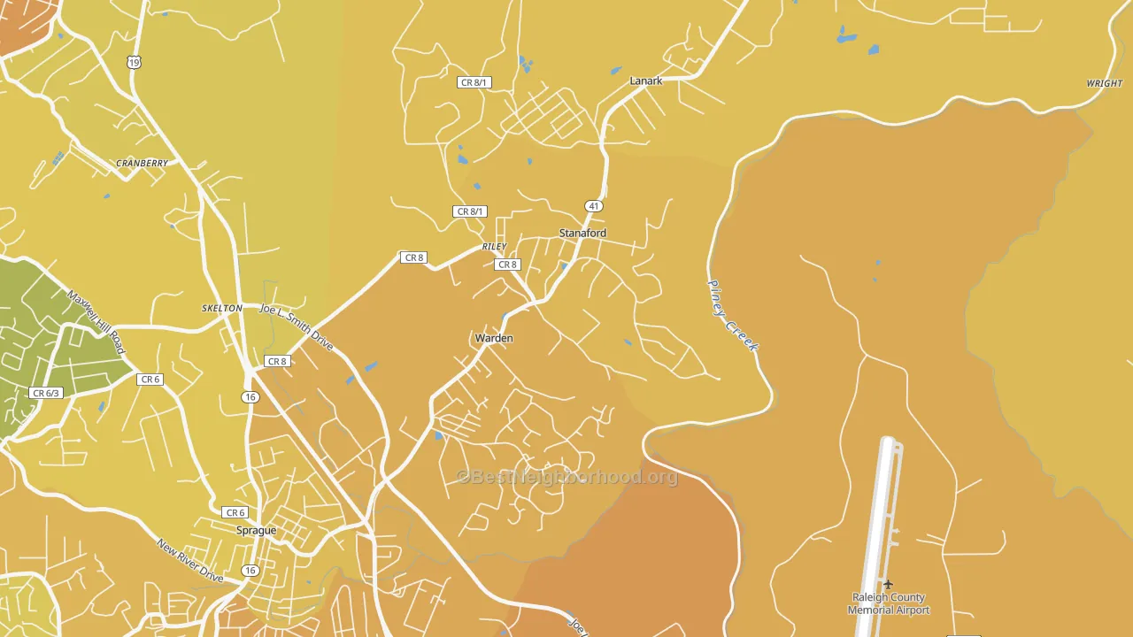 Map of the best neighborhoods in the Stanaford area, with better matches in green and worse matches in red