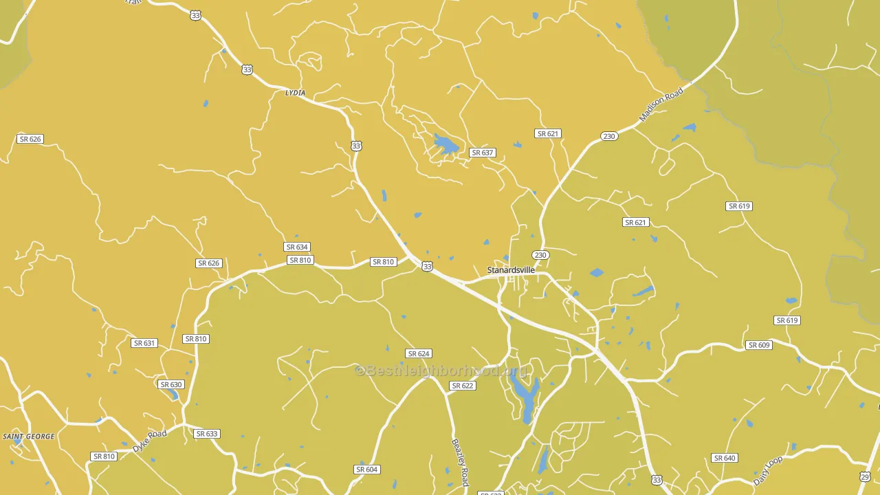Map of the best neighborhoods in the Stanardsville area, with better matches in green and worse matches in red