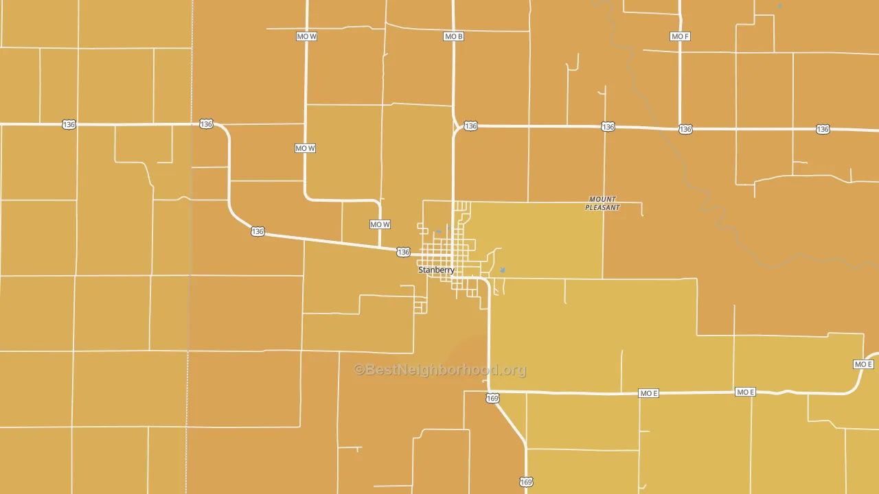 Map of the best neighborhoods in the Stanberry area, with better matches in green and worse matches in red