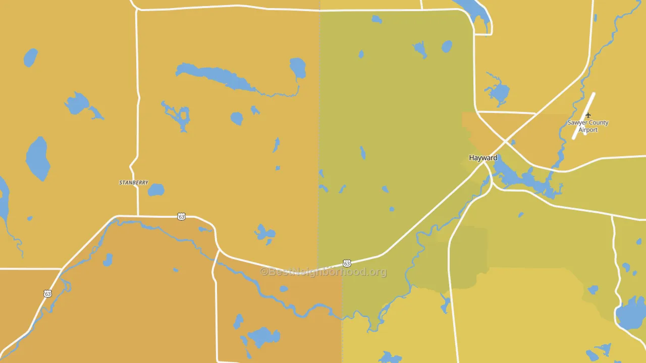Map of the best neighborhoods in the Stanberry area, with better matches in green and worse matches in red