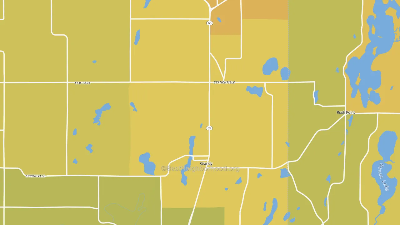 Map of the best neighborhoods in the Stanchfield area, with better matches in green and worse matches in red