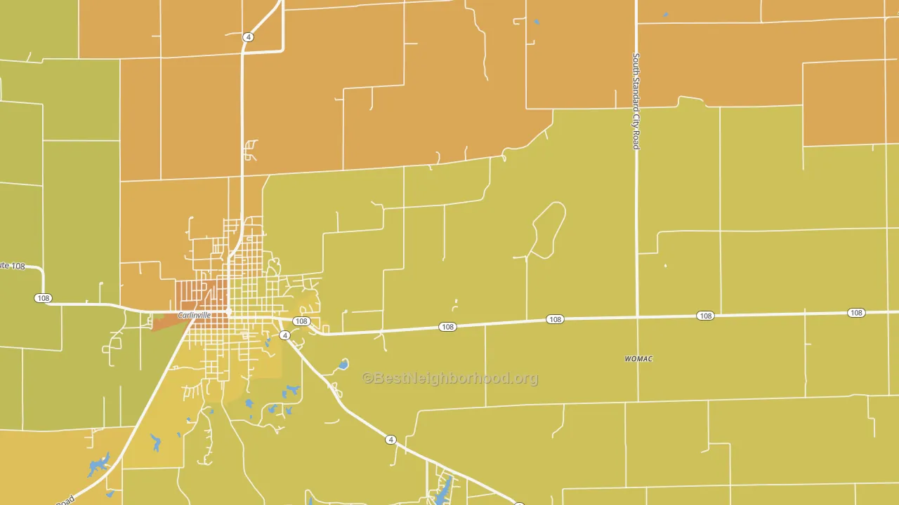 Map of the best neighborhoods in the Standard City area, with better matches in green and worse matches in red