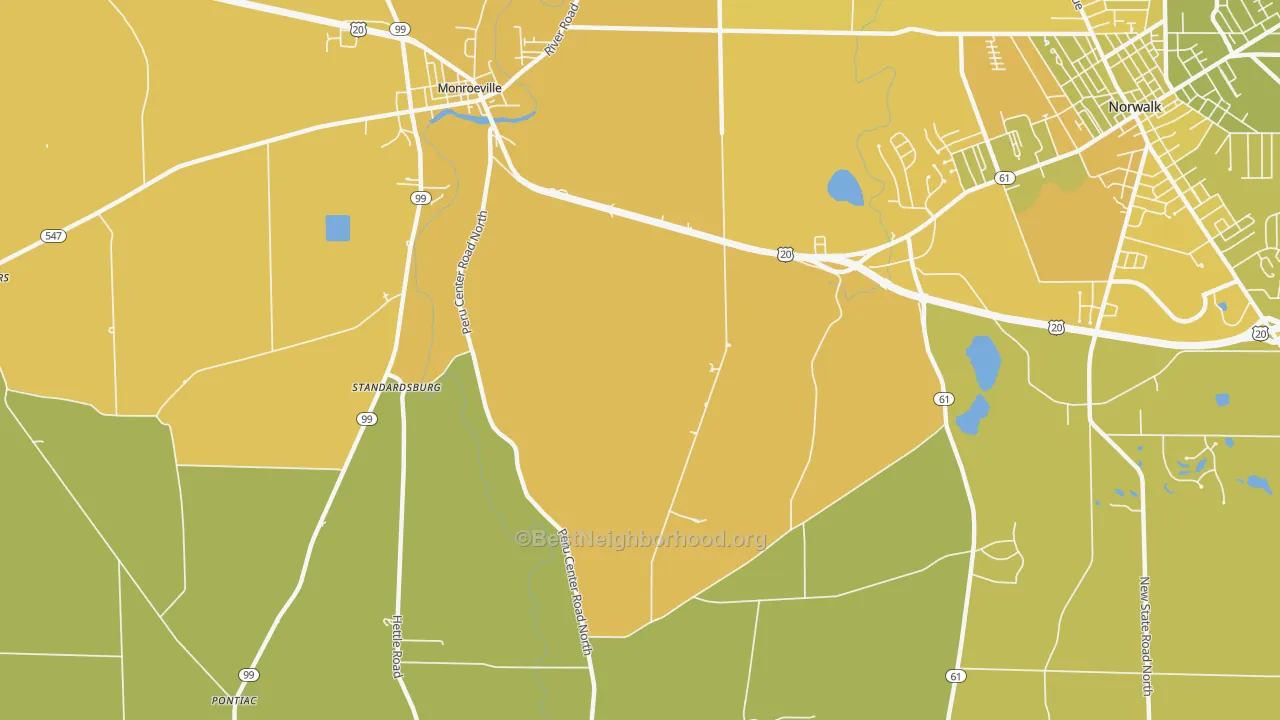 Map of the best neighborhoods in the Standardsburg area, with better matches in green and worse matches in red