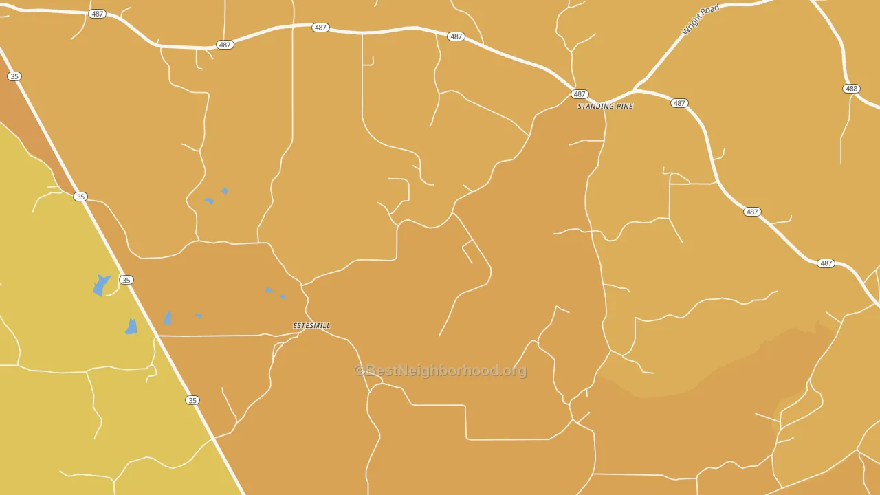 Map of the best neighborhoods in the Standing Pine area, with better matches in green and worse matches in red