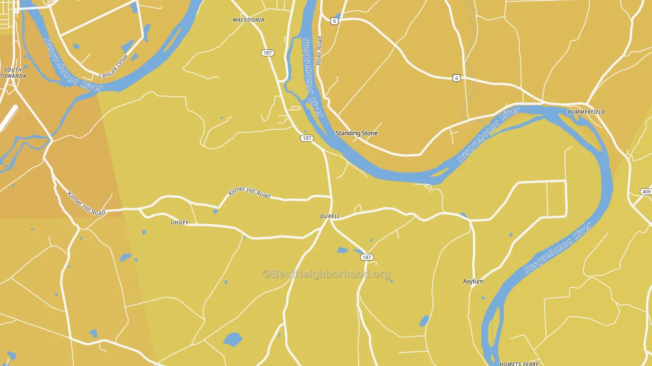 Map of the best neighborhoods in the Standing Stone area, with better matches in green and worse matches in red
