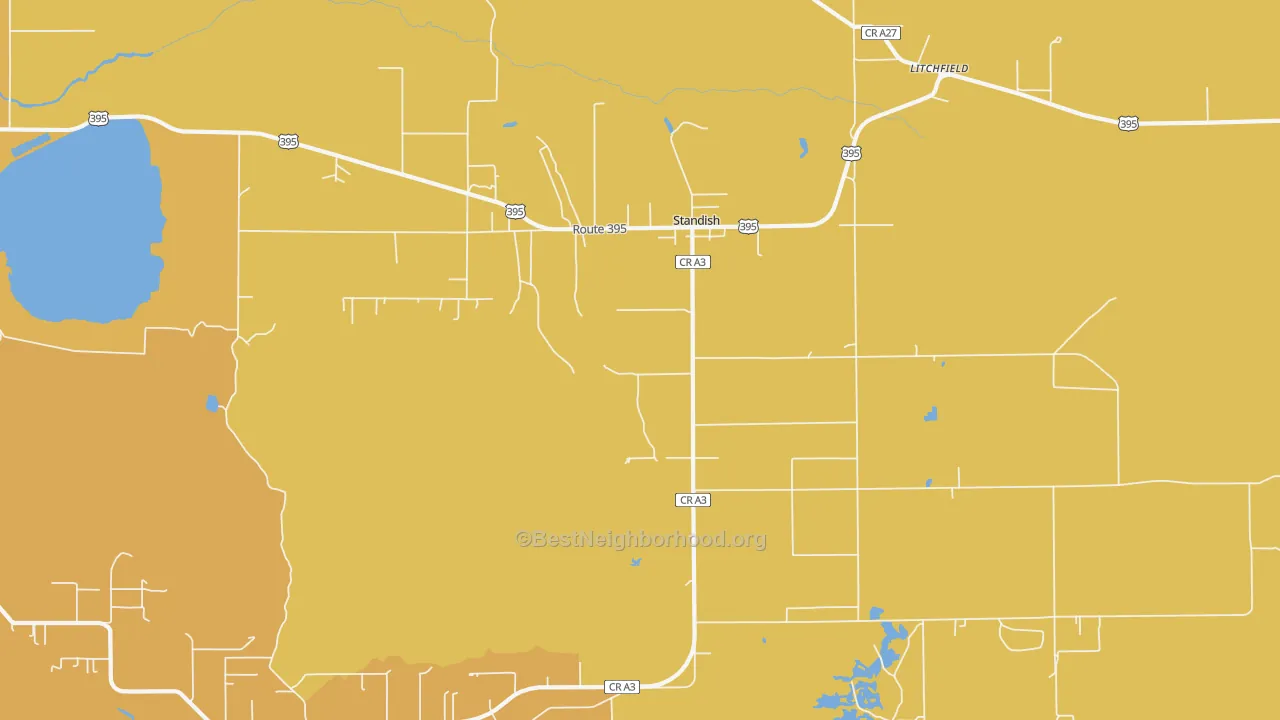 Map of the best neighborhoods in the Standish area, with better matches in green and worse matches in red