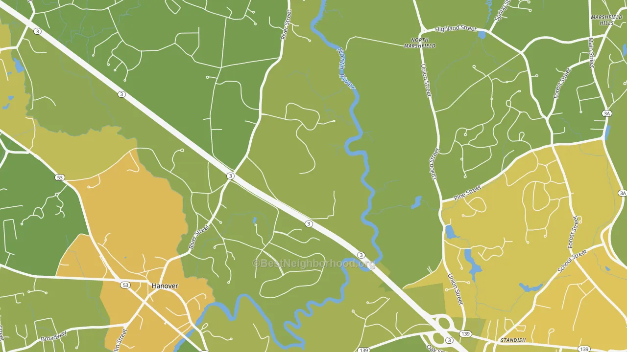 Map of the best neighborhoods in the Standish area, with better matches in green and worse matches in red
