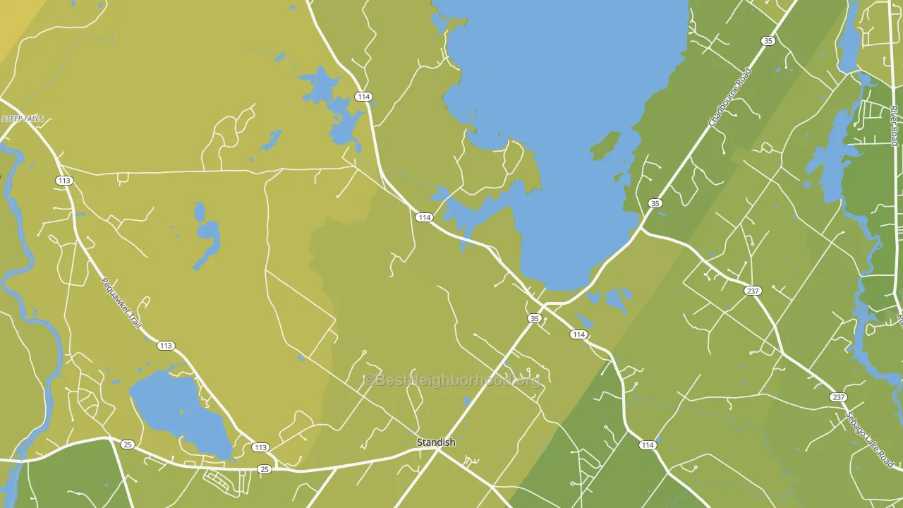 Map of the best neighborhoods in the Standish area, with better matches in green and worse matches in red