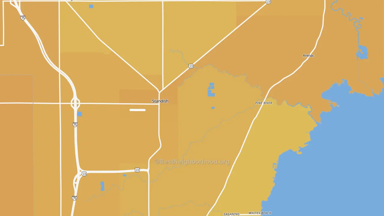 Map of the best neighborhoods in the Standish area, with better matches in green and worse matches in red