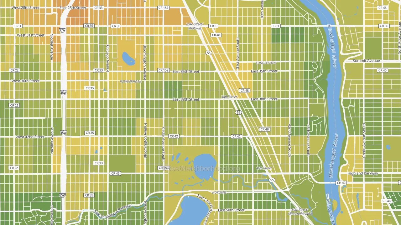 Map of the best neighborhoods in the Standish, Minneapolis area, with better matches in green and worse matches in red